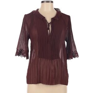 Zara Elegant Lace Trim Burgundy Crepe Blouse Size Medium